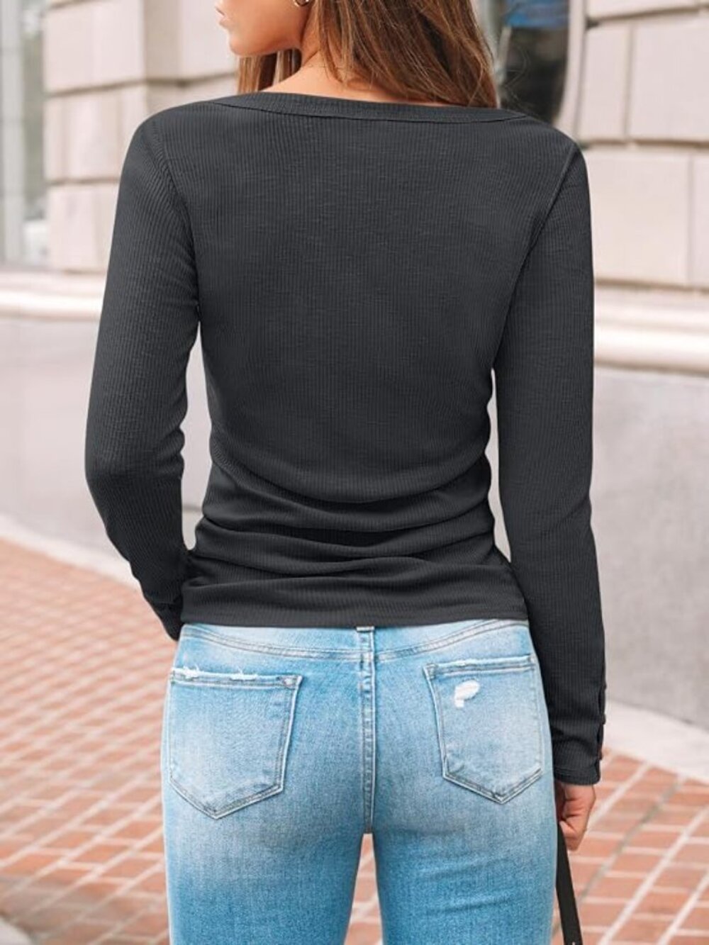 Kissfix Women’s Black Ribbed Henley Long Sleeve Top Size M - Picture 4 of 6